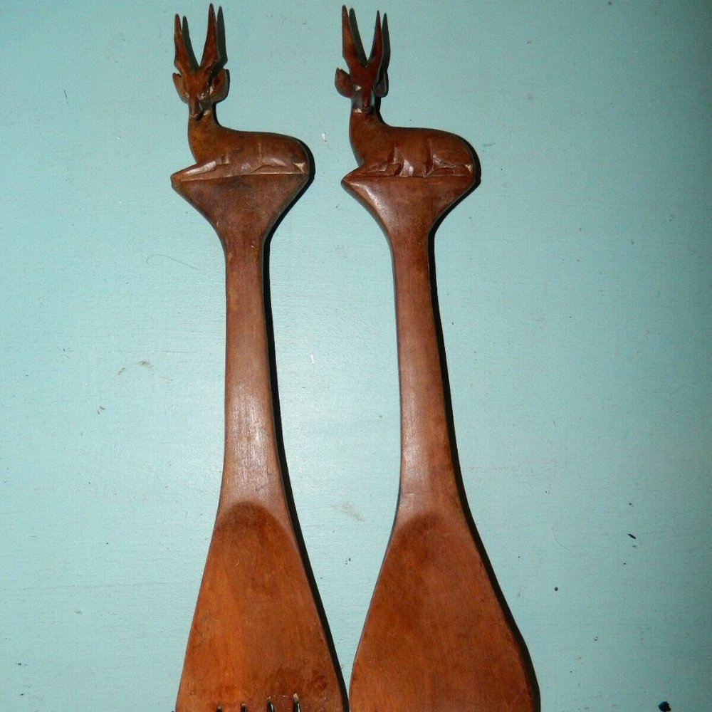 Vintage Wood Carved Fork And Spoon With Deer Elk Tops 12"